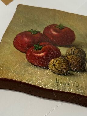 Vintage Still Life Tomato & Walnut Painting on Wood Panel